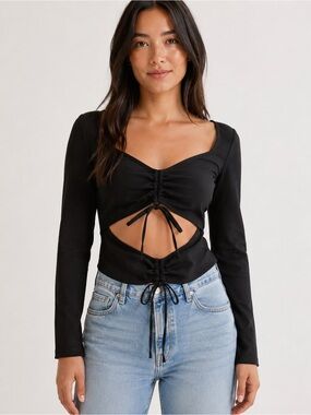 Zara Black Ruched Tie Front Long Sleeve Crop Top Size M Cutout